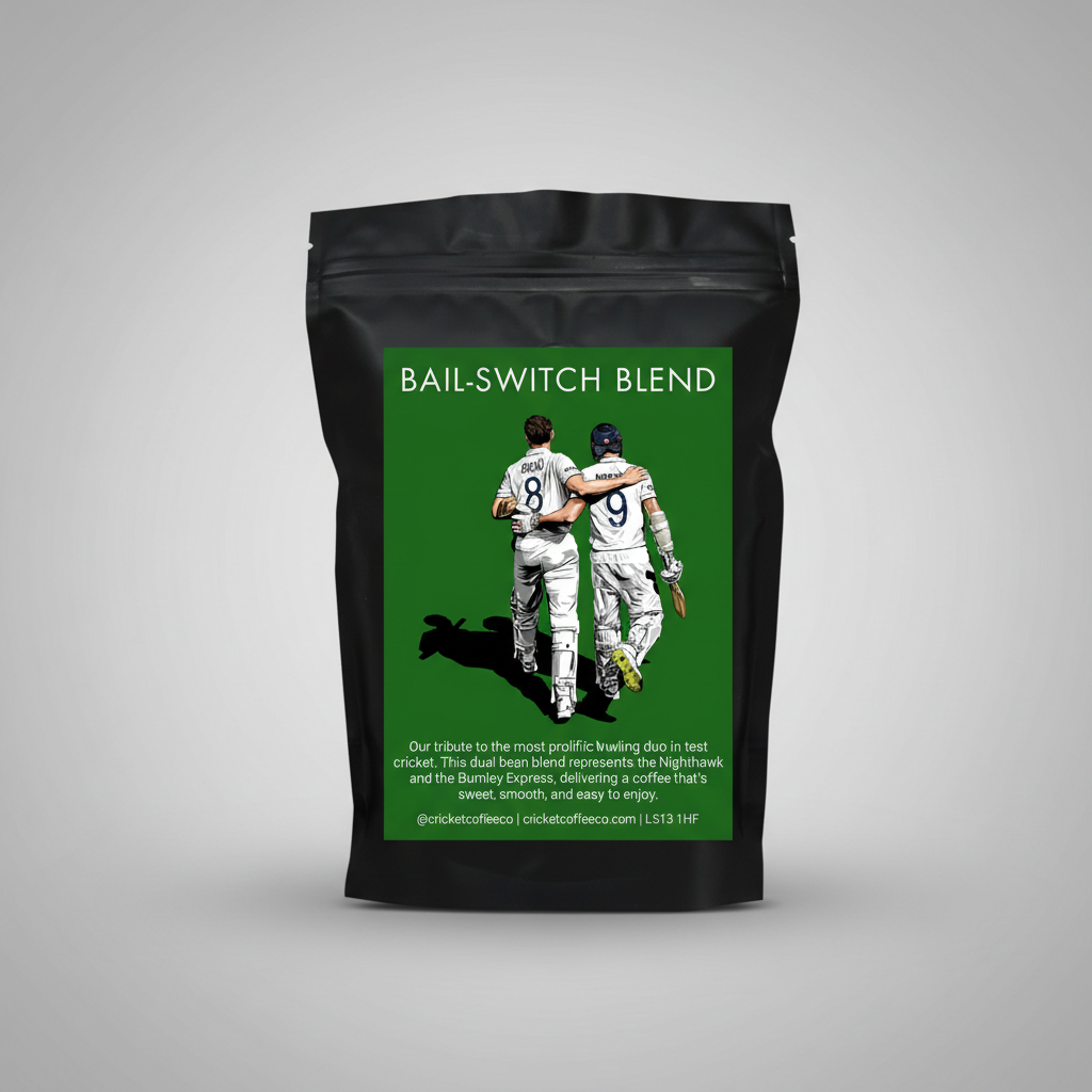 Coffee bag labeled 'Bail-Switch Blend' with illustrations of two cricket players on a green background.
