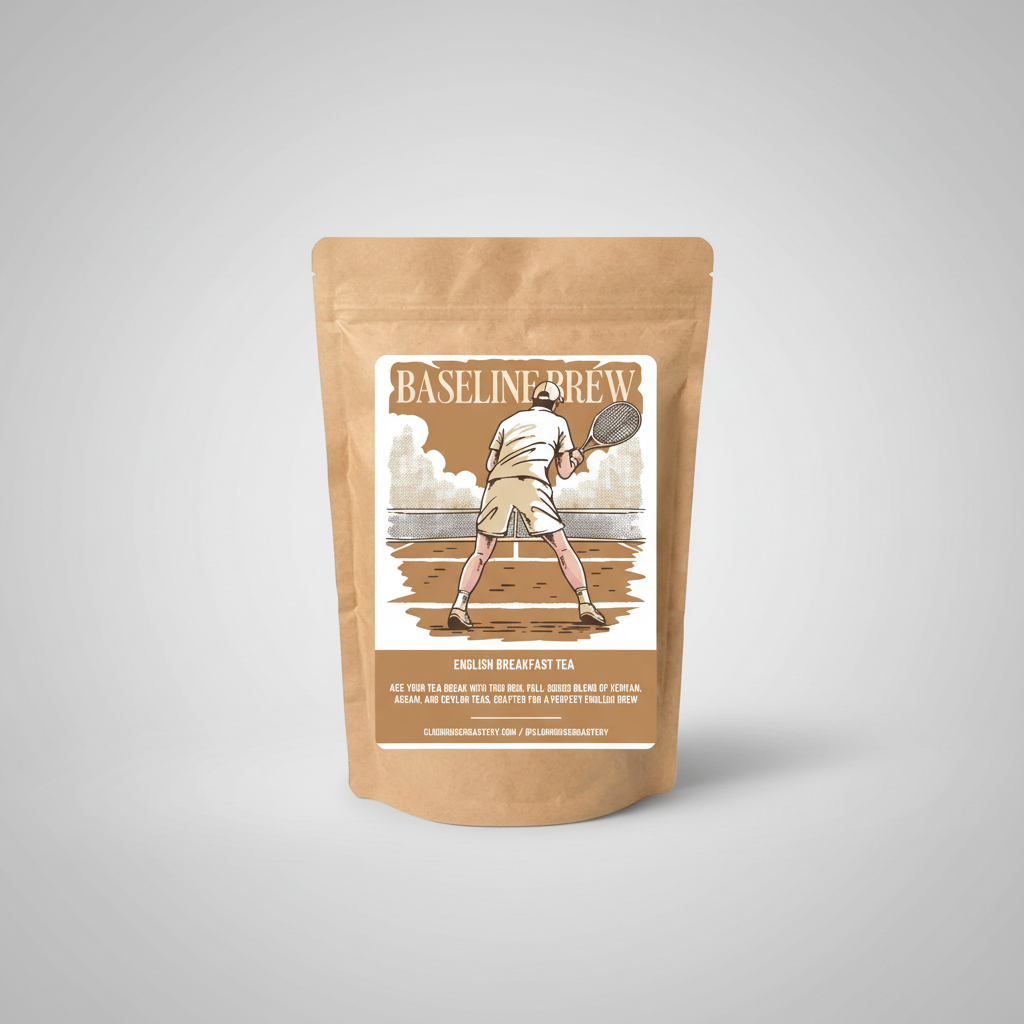 Tea package with a vintage-style illustration of a tennis player on a white background