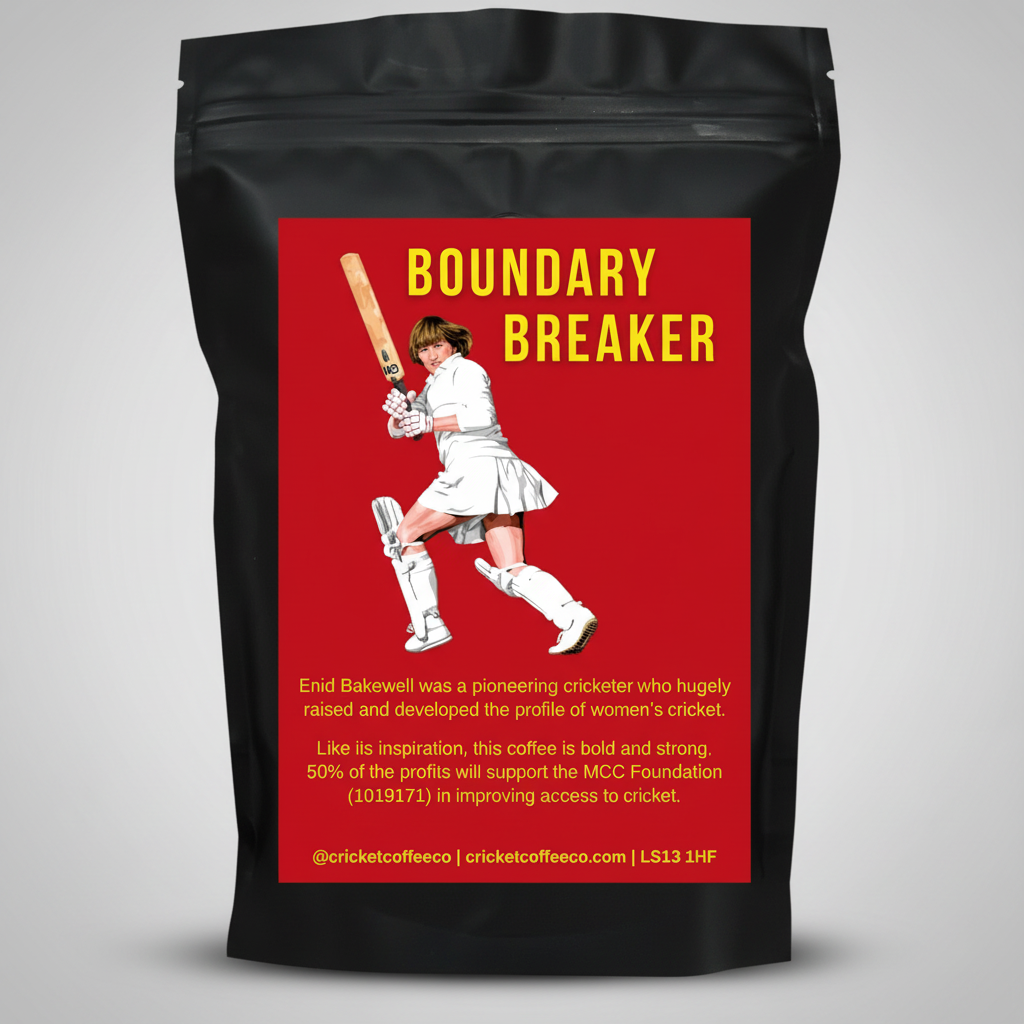 Coffee bag with cricket-themed design and 'Boundary Breaker' text on a red background