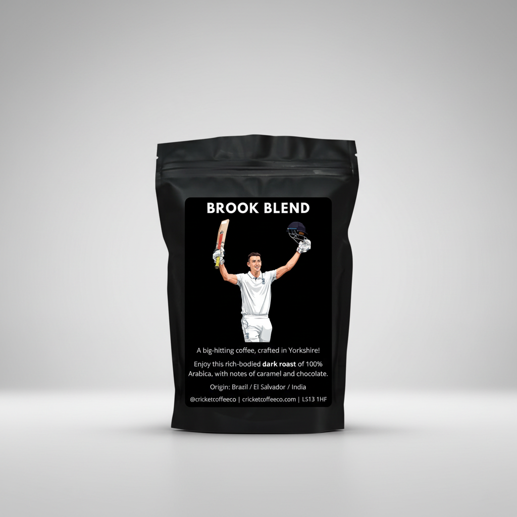 Coffee package with cricket-themed design featuring a player and 'Brook Blend' branding.