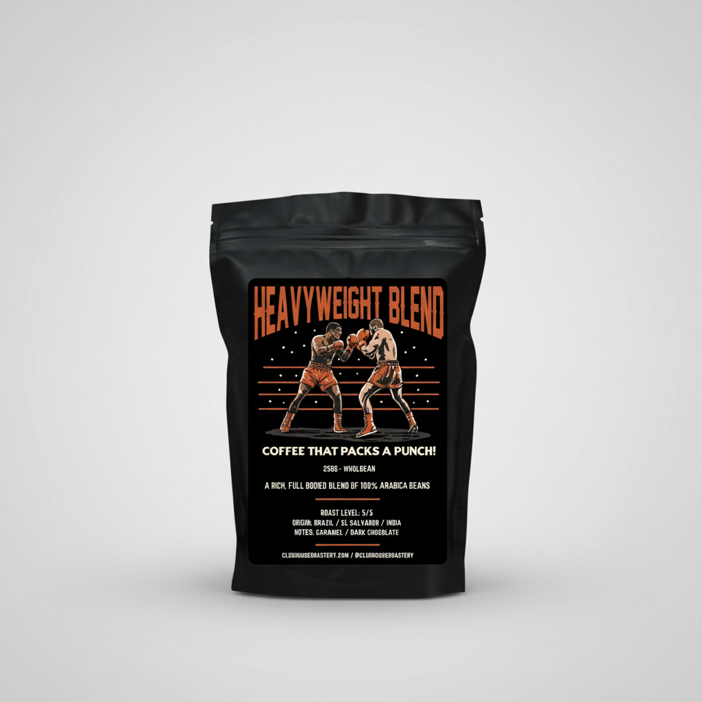 Coffee bag labeled 'Heavyweight Blend' with boxing design on a black background