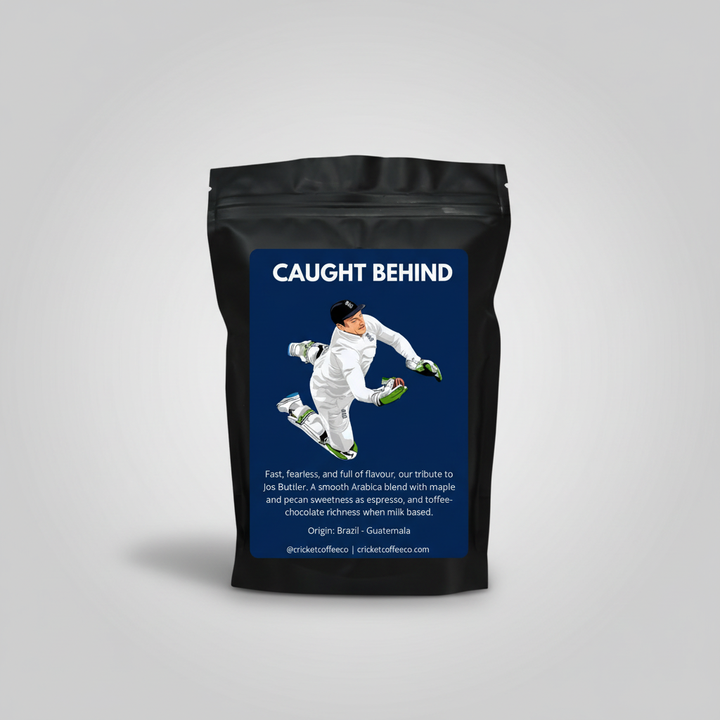 Coffee package with a cricket-themed design featuring a player in a white uniform and black helmet.