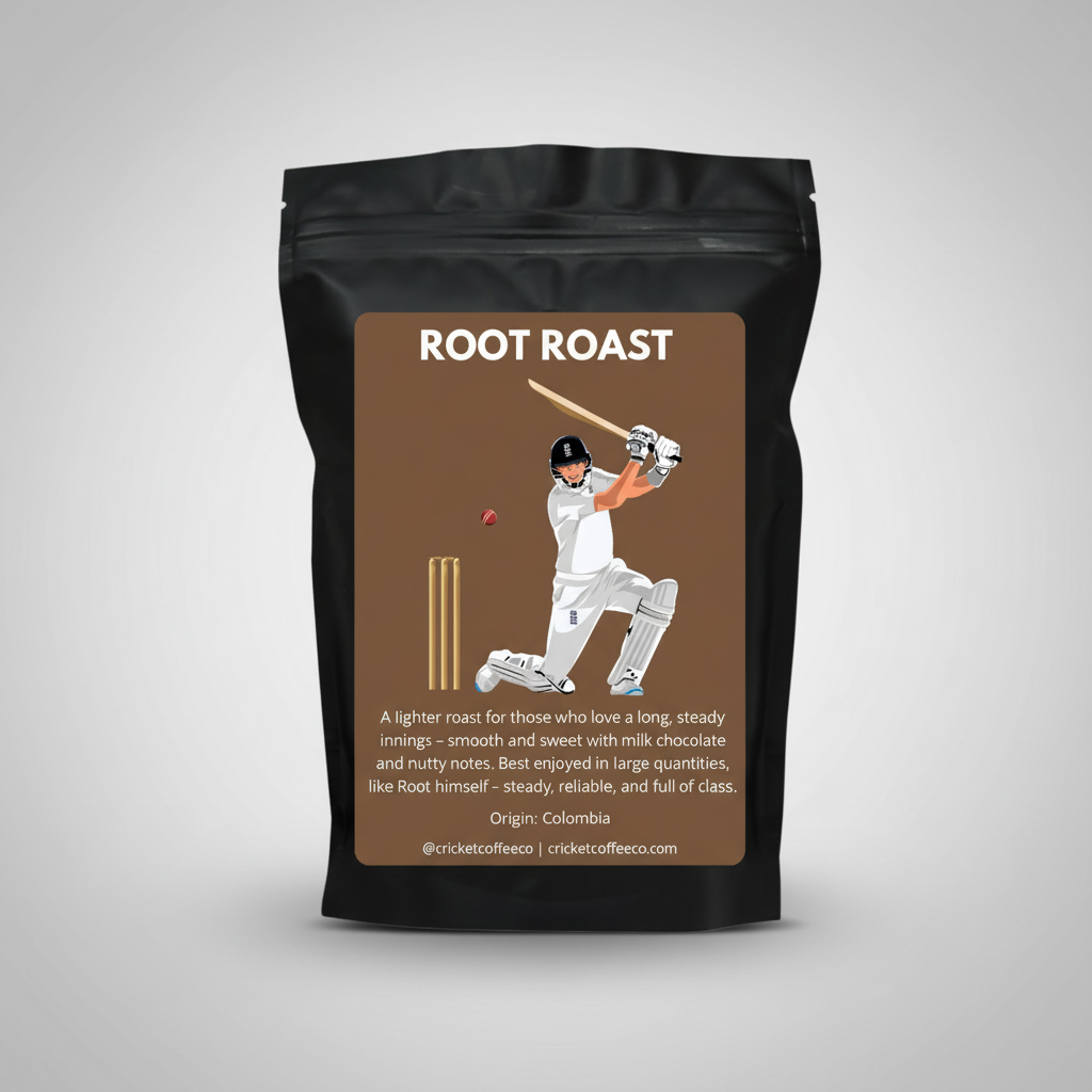 Coffee bag with a cricket player illustration and 'Root Roast' branding.