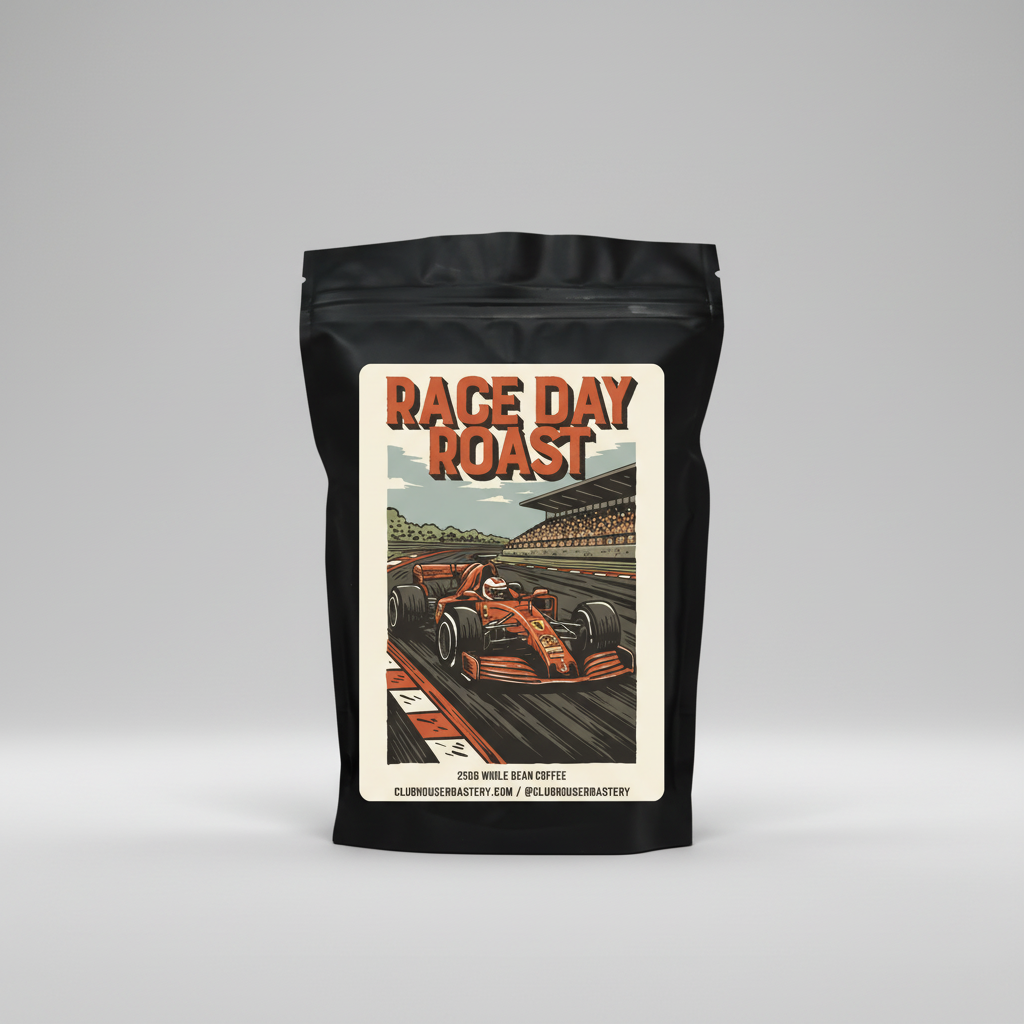 Coffee bag with 'Race Day Roast' design featuring a race car on a track.
