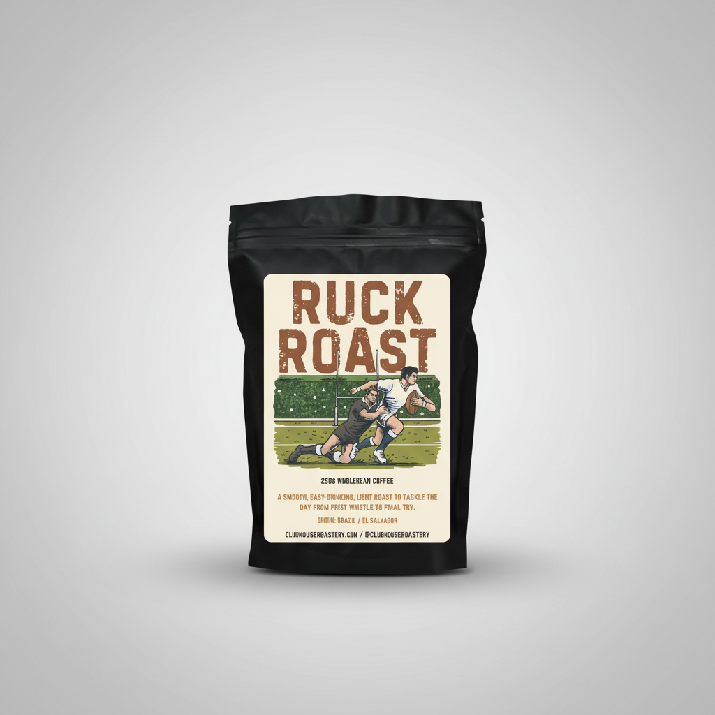 Coffee bag labeled 'Ruck Roast' with rugby-themed design on a beige background