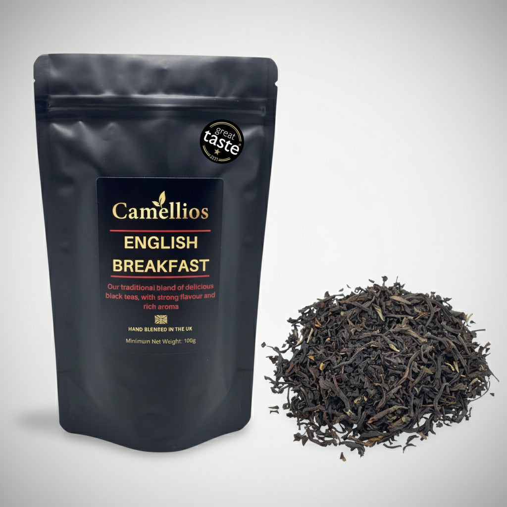 Camellios English Breakfast tea package with loose tea leaves on a white background