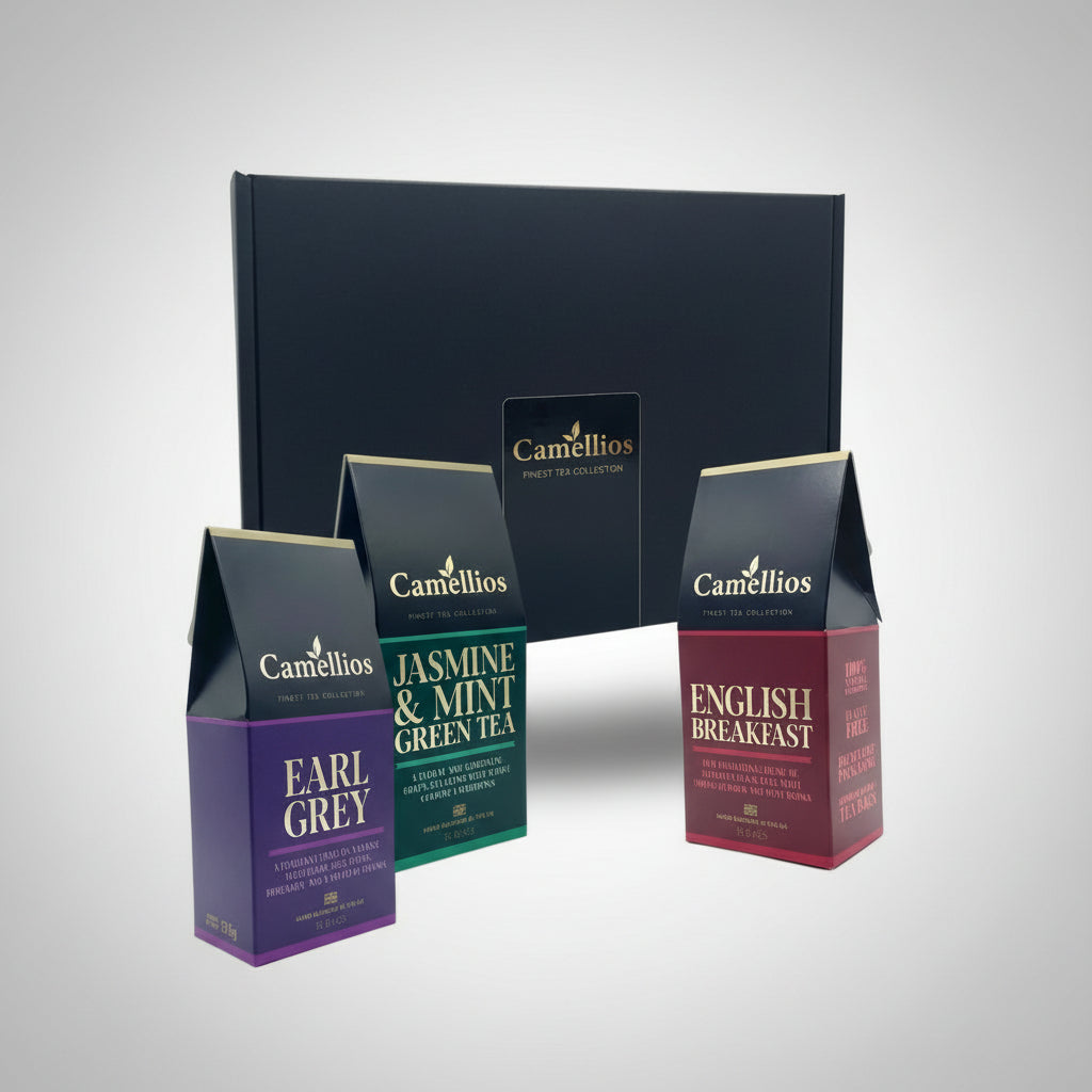 Camellios tea packages including Earl Grey, Jasmine & Mint Green Tea, and English Breakfast on a white background.