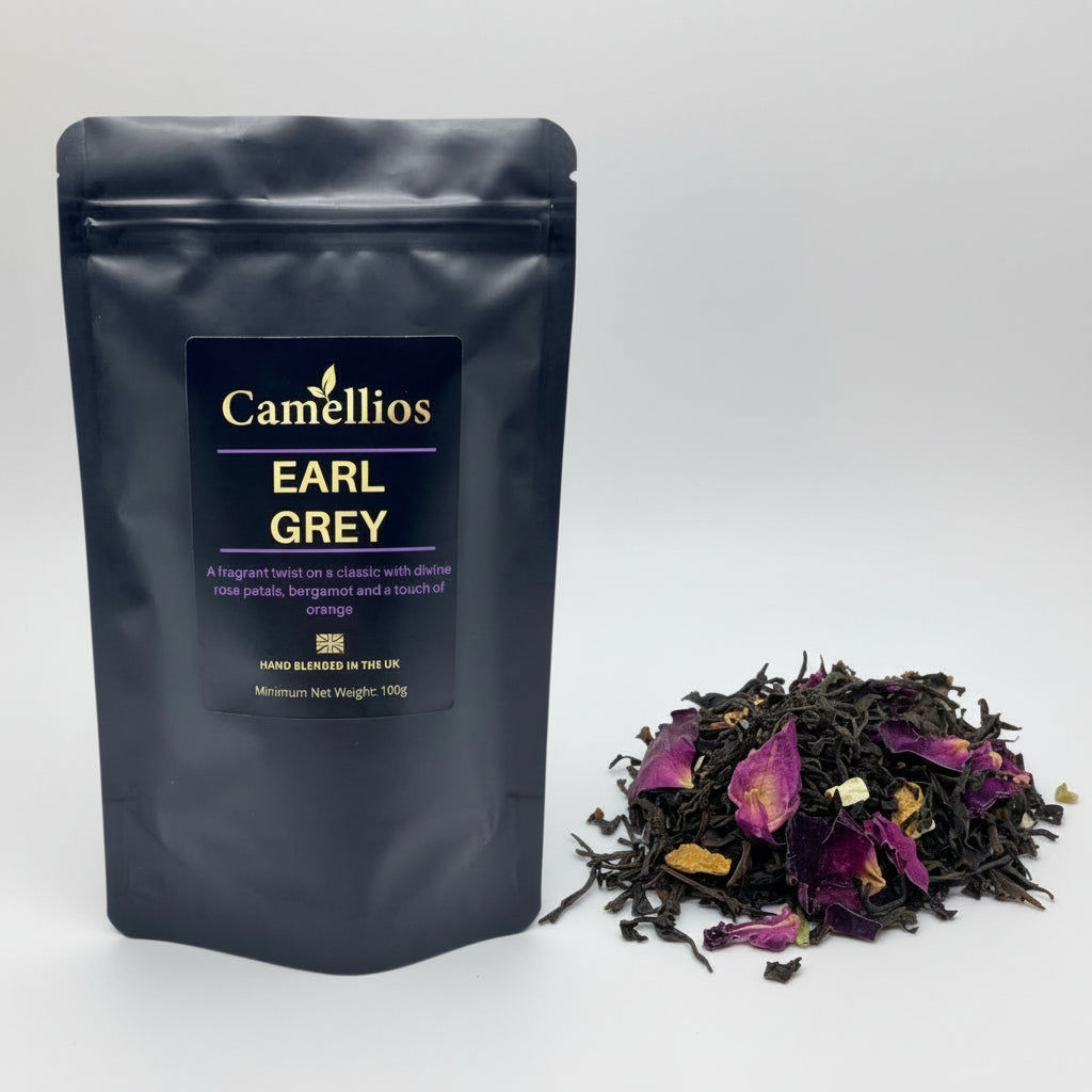 Camellios Earl Grey tea package with loose tea leaves on a white background