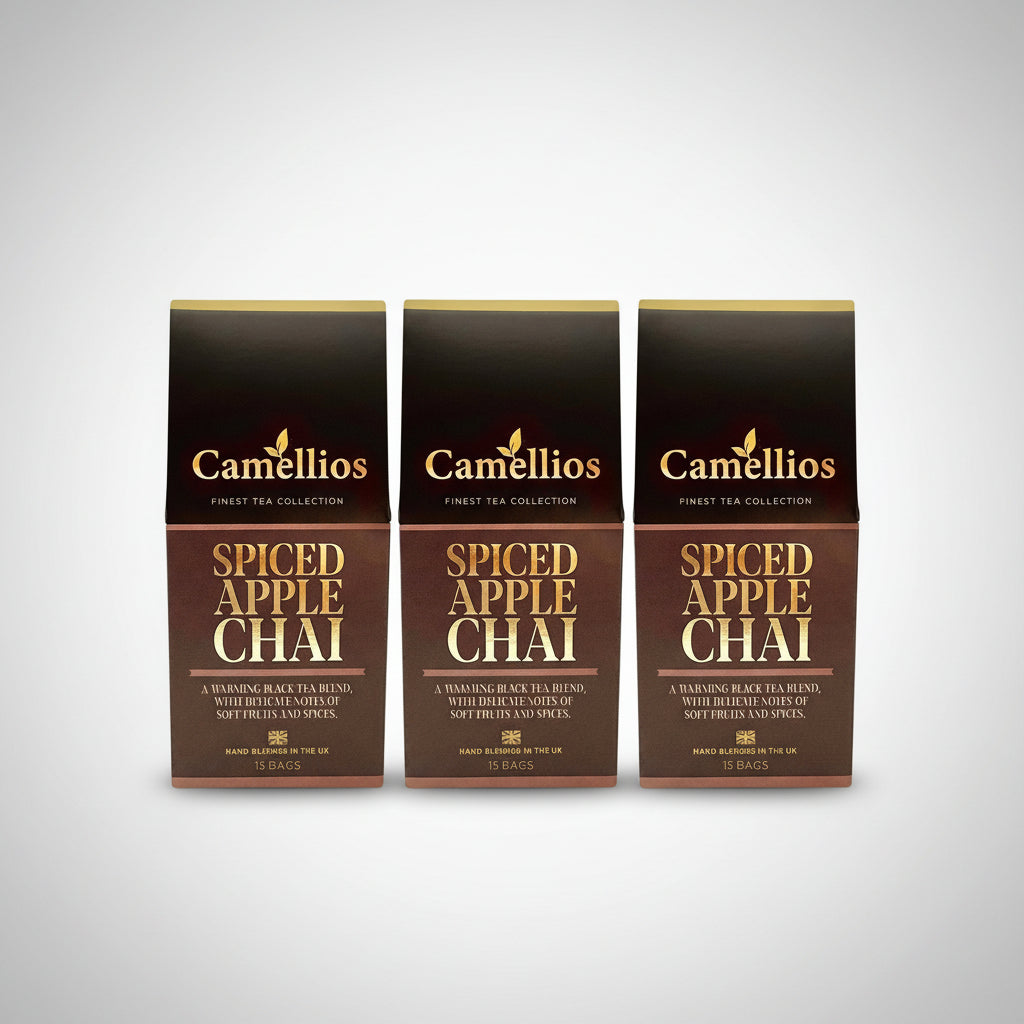 Three boxes of Camellios Spiced Apple Chai tea on a white background