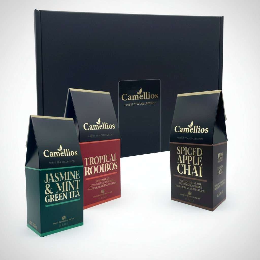 Camellios tea boxes with a black gift box in the background