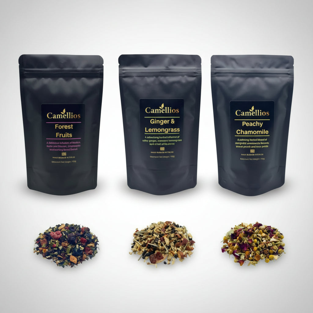 Three Camellios tea packages with their respective tea types and three samples of the teas below on a white background.