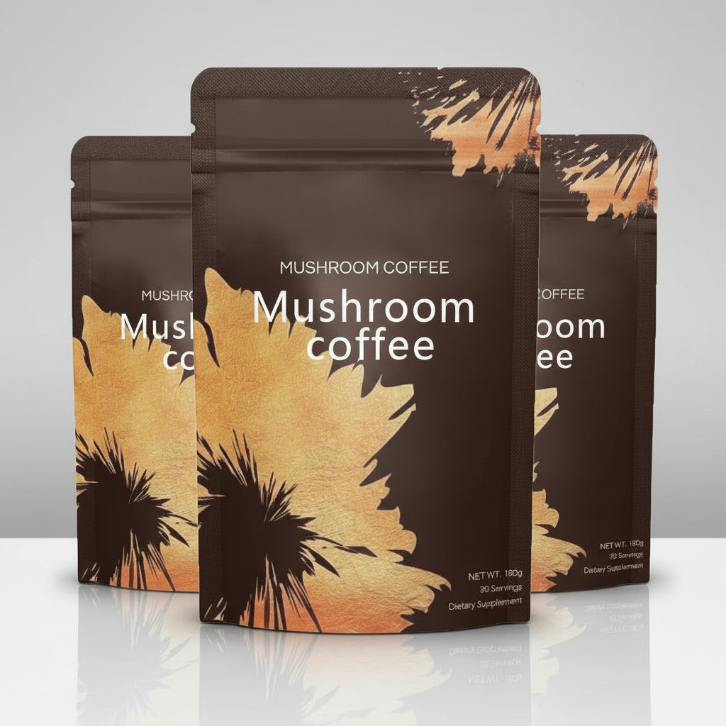 Three packages of Mushroom Coffee with a brown and orange design on a white background